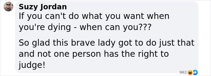 Text message discussing a brave woman who made choices after a cancer diagnosis, highlighting empowerment and non-judgment.