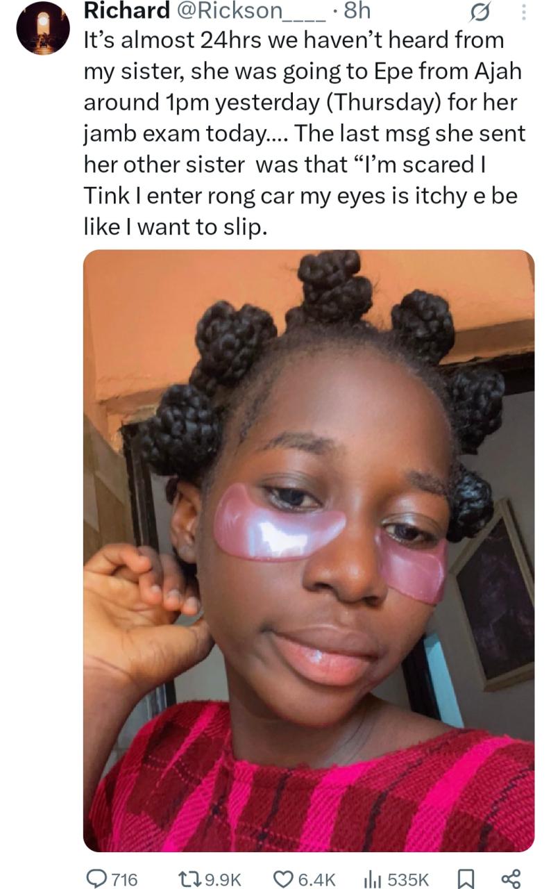Girl who went missing while going for JAMB exam is found