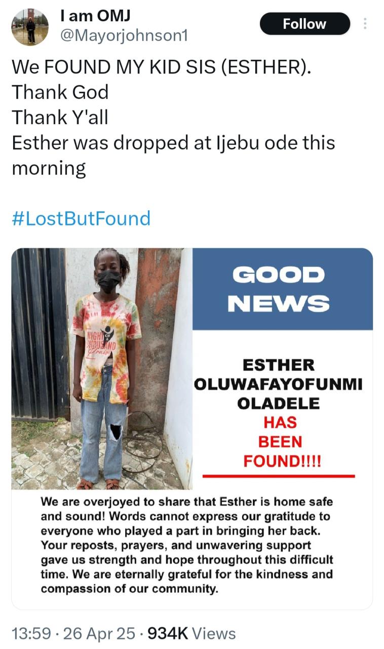 Girl who went missing while going for JAMB exam is found