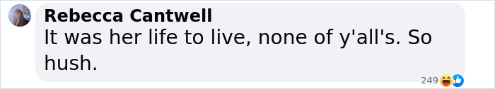 Comment by Rebecca Cantwell supporting a woman’s personal life choices after cancer diagnosis.