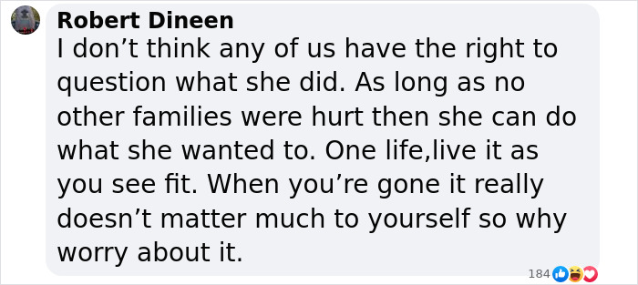 Comment discussing woman's life choices after cancer diagnosis.