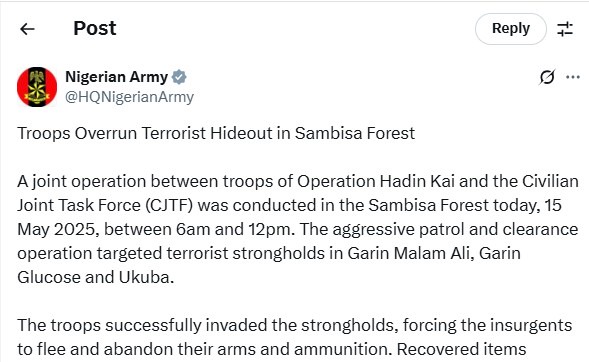 Soldiers launch six-hour attacks in Sambisa Forest, recover equipment used to make bombs, others