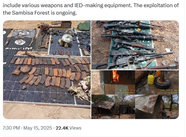 Soldiers launch six-hour attacks in Sambisa Forest, recover equipment used to make bombs, others