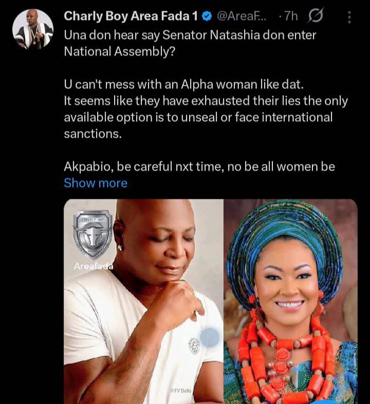 Natasha: Charly Boy Advises Akpabio On What To Do When Next He Comes In Contact With A Woman