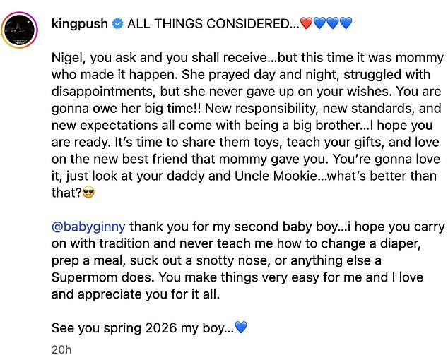 Pusha T, whose real name is Terrence Thornton, also posted from the gallery, confirming they are expecting a baby boy