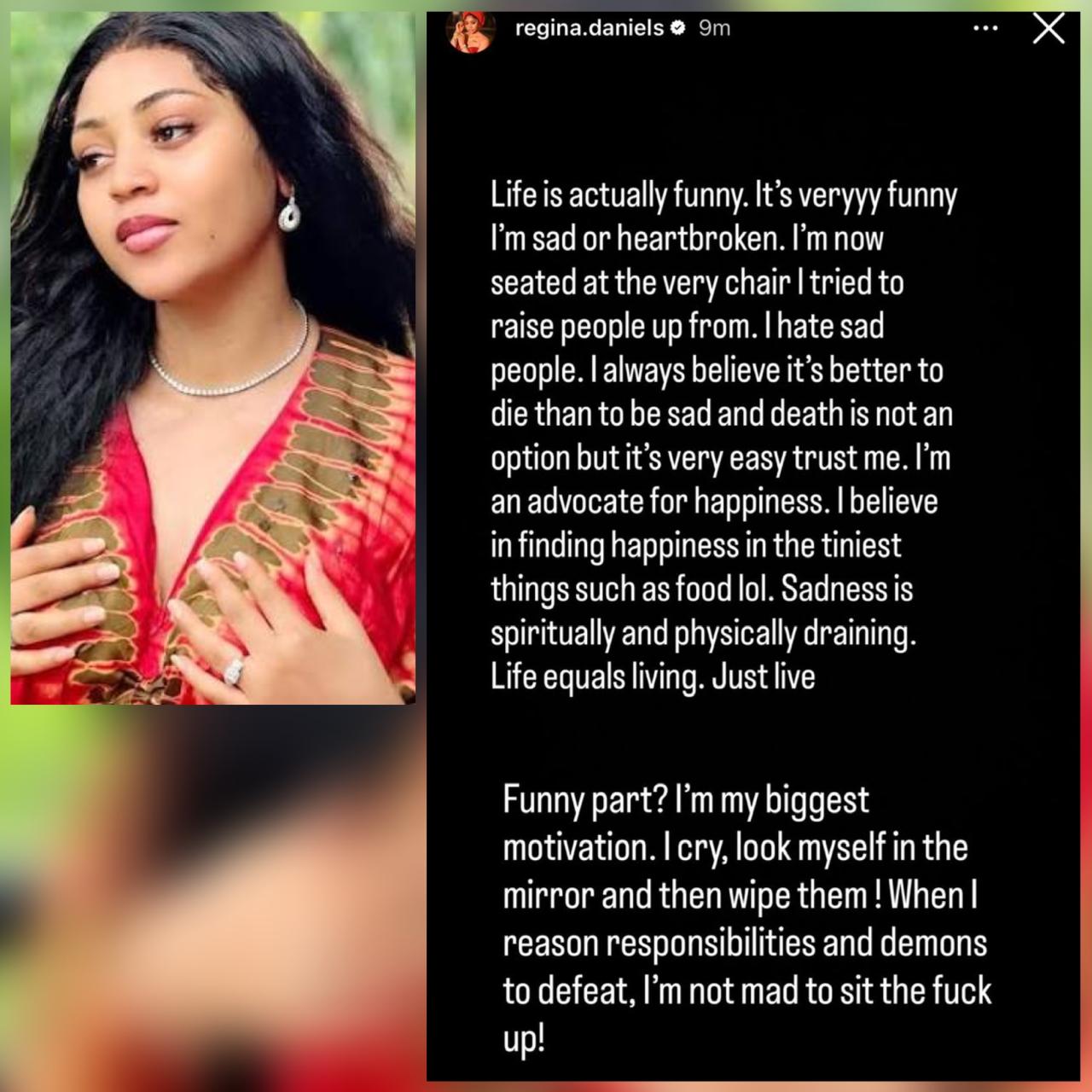 Regina Daniels goes emotional again as she reflects on sadness and responsibility amid ongoing marriage drama