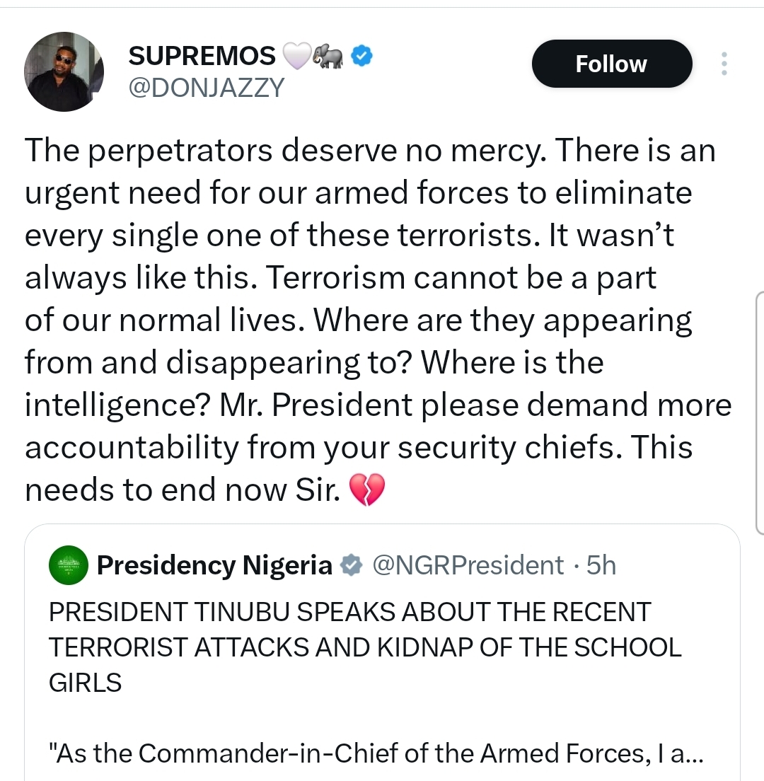 Don Jazzy calls on President Tinubu to demand accountability from security chiefs amid Kebbi schoolgirls abduction