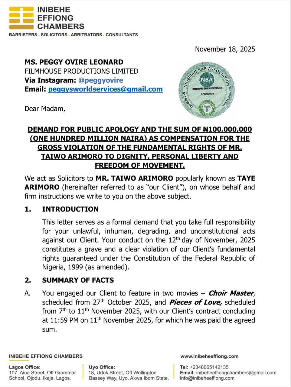 Actor Taye Arimoro drags Peggy Ovire to court demands N100m over alleged assault on movie set