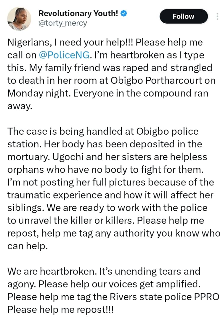 Justice for Ugochi Outrage as young woman is reportedly raped and killed in Port Harcourt, family friend calls for police intervention