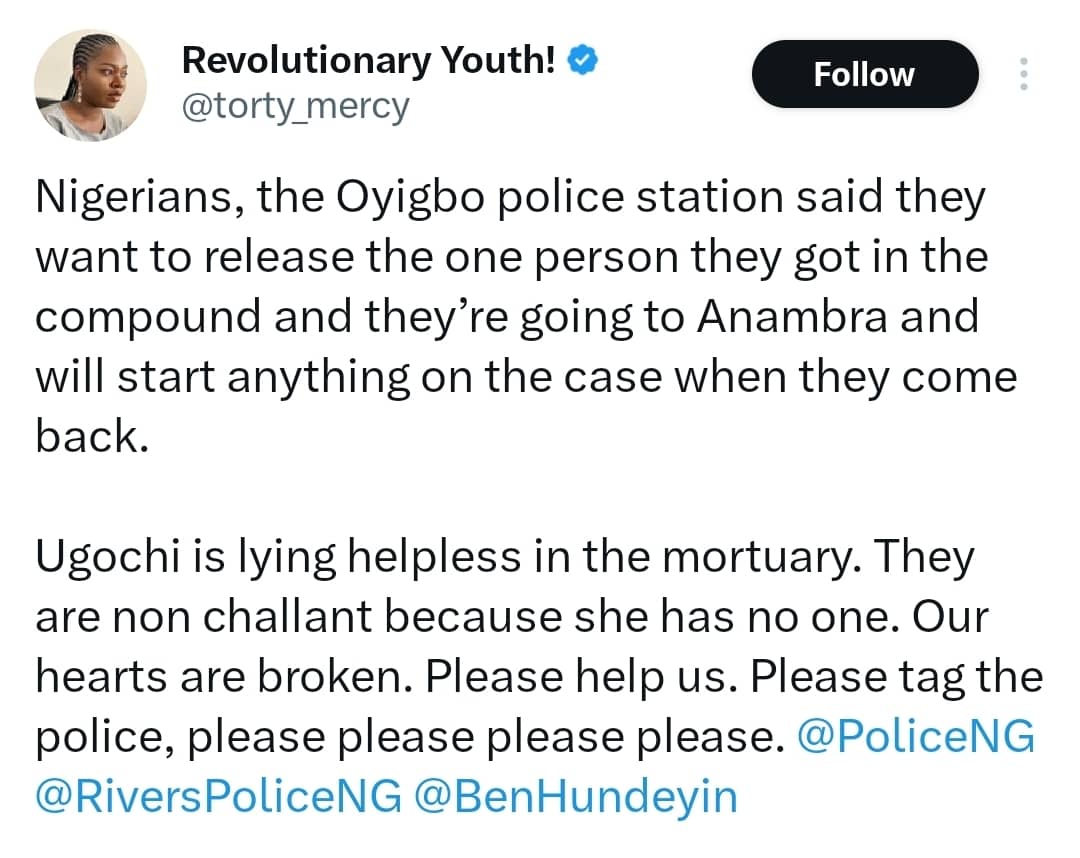 Justice for Ugochi Outrage as young woman is reportedly raped and killed in Port Harcourt family friend calls for police intervention