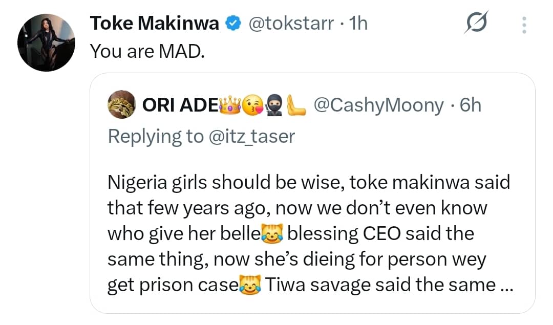 Toke Makinwa reacts after X user makes comment about her child