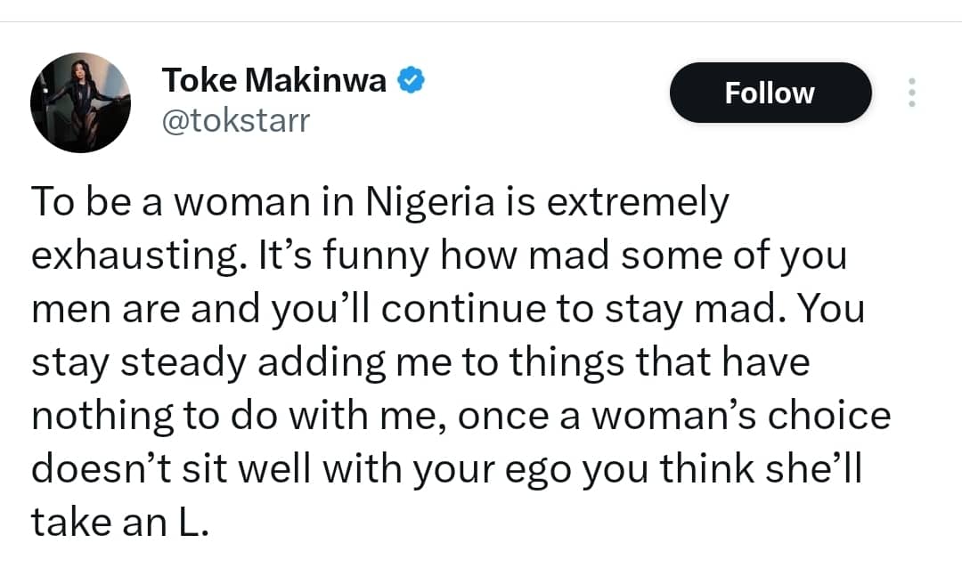 Toke Makinwa reacts after X user makes comment about her child