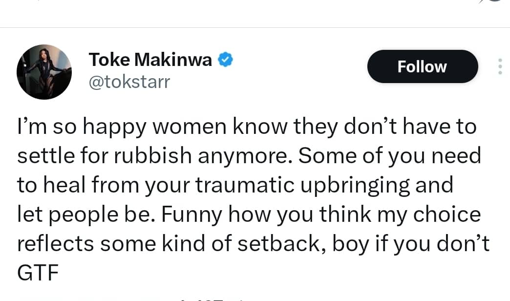 Toke Makinwa reacts after X user makes comment about her child