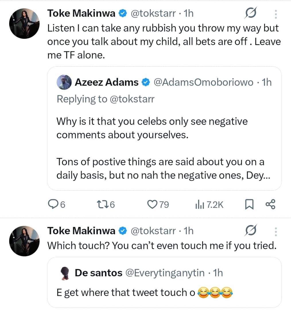 Toke Makinwa reacts after X user makes comment about her child