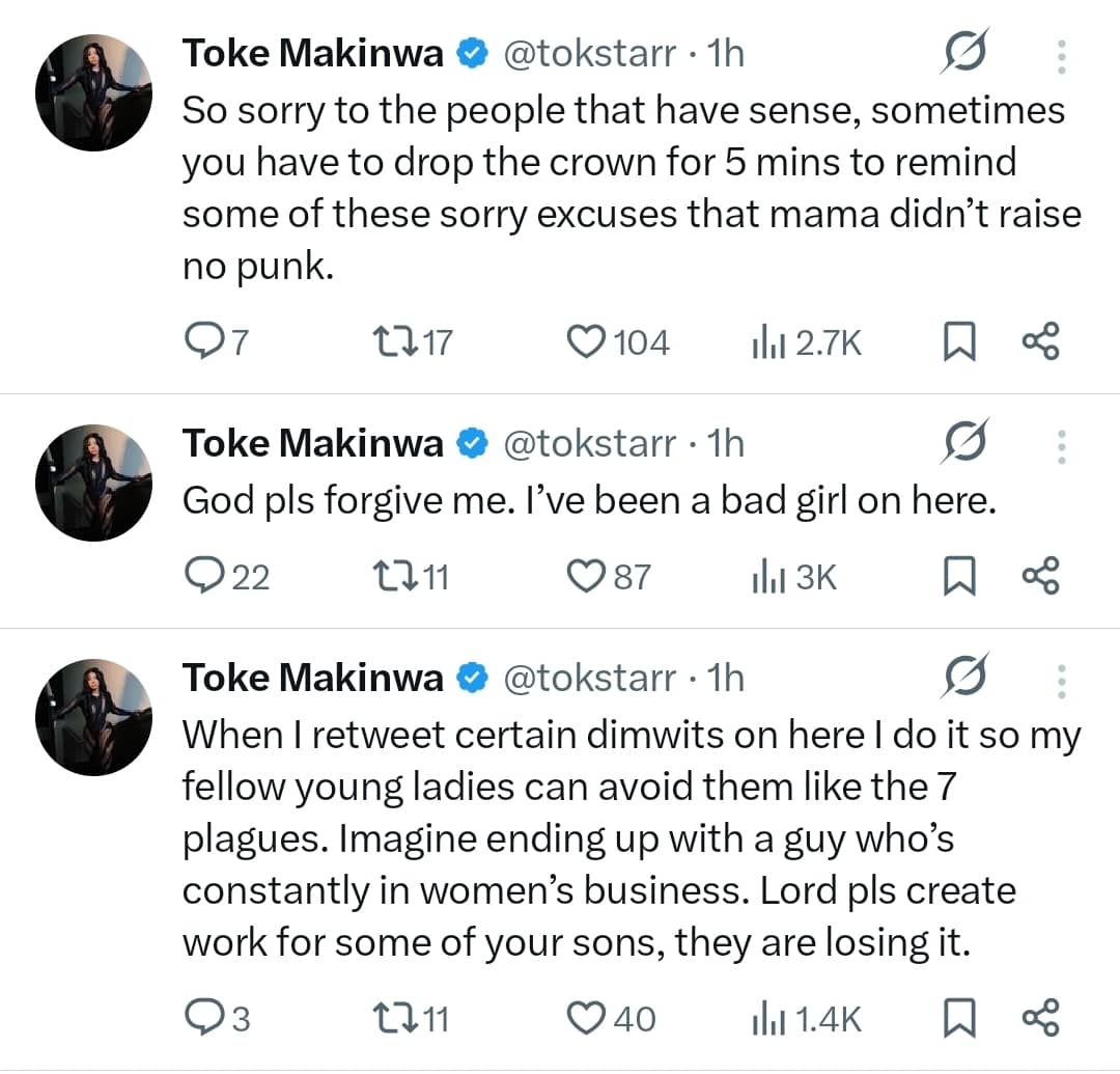 Toke Makinwa reacts after X user makes comment about her child