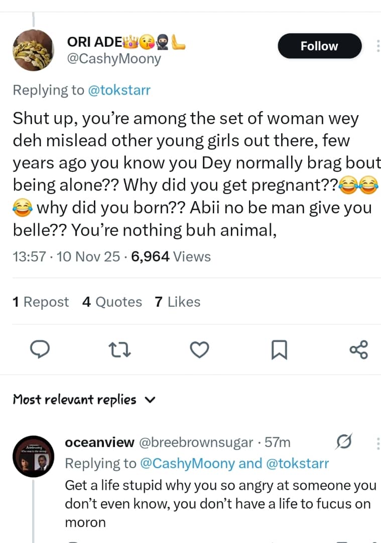Toke Makinwa reacts after X user makes comment about her child