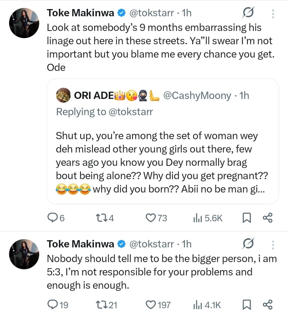 Toke Makinwa reacts after X user makes comment about her child