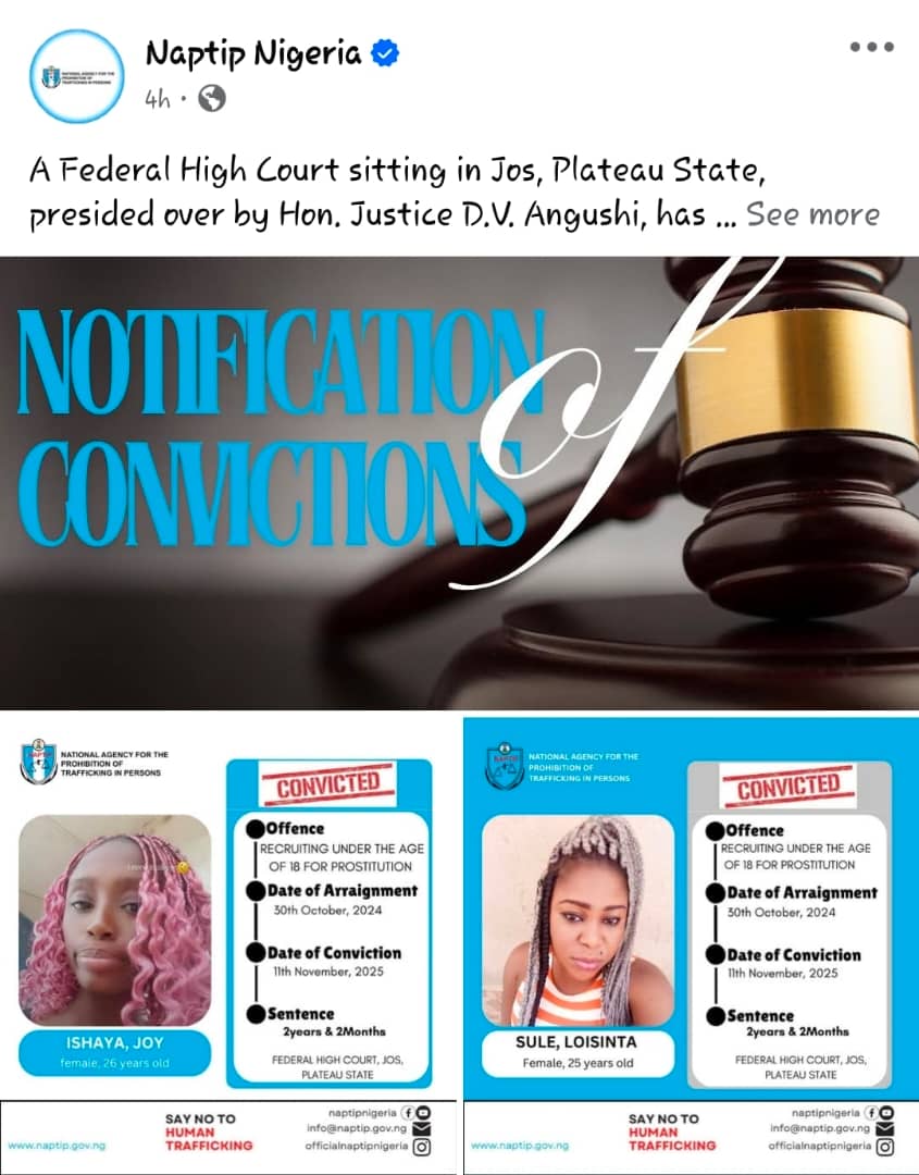 Federal High Court convicts 2 defendants for recruiting minor for prostitution and facilitating foreign travel