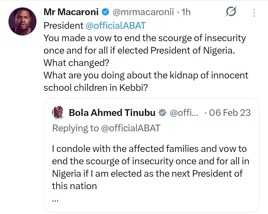 Mr Macaroni questions President Tinubu over Kebbi schoolchildren kidnapping, condemns political leaders in new posts