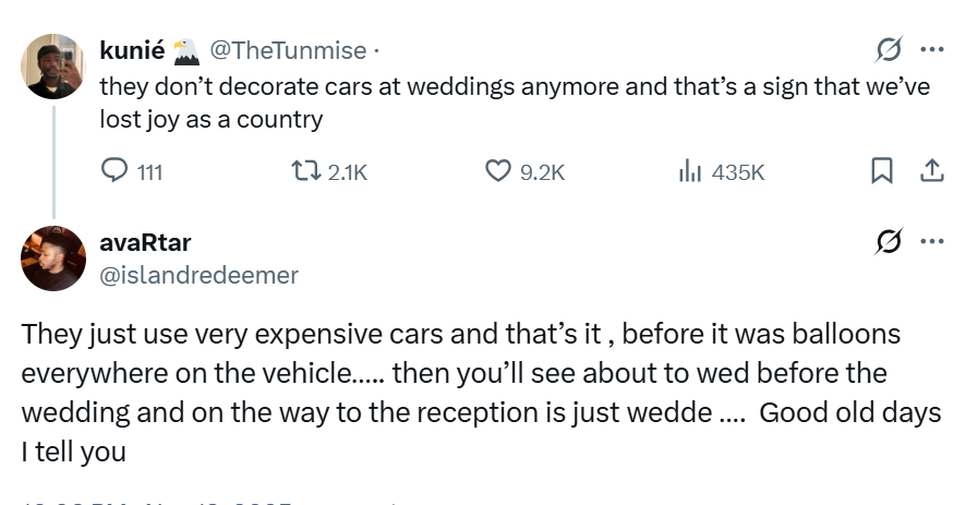 Nostalgia as X-user sparks conversation on fading tradition of Nigerians decorating wedding cars