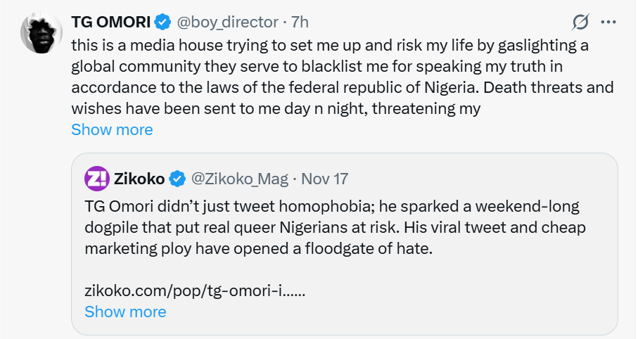 TG Omori raises alarm over death threats after his comments on same-sex relationships