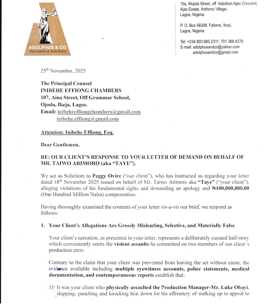 Peggy Ovire fires back at Actor Taiye Arimoro denies all his allegations in fresh legal response