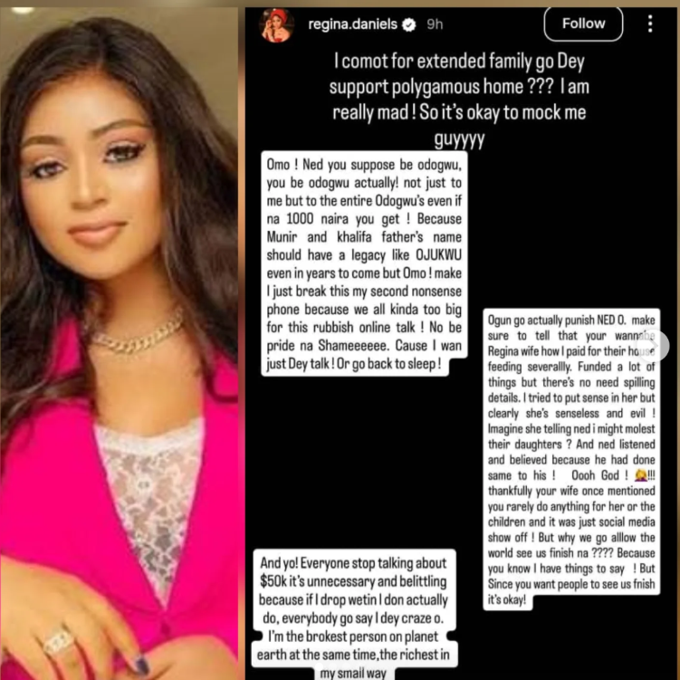 Regina Daniels calls out Ned Nwoko and a co-wife in emotional rant, says she has been disrespected and mocked