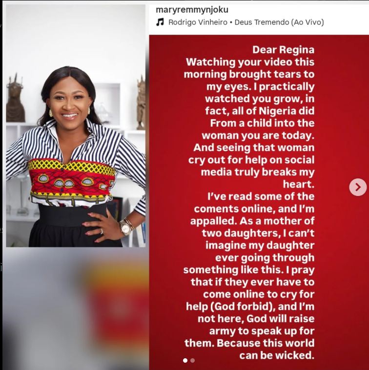 No woman should suffer because she chose to leave a marriage Actress Mary Remmy Njoku writes emotional message to Regina Daniels
