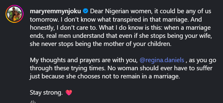 No woman should suffer because she chose to leave a marriage Actress Mary Remmy Njoku writes emotional message to Regina Daniels