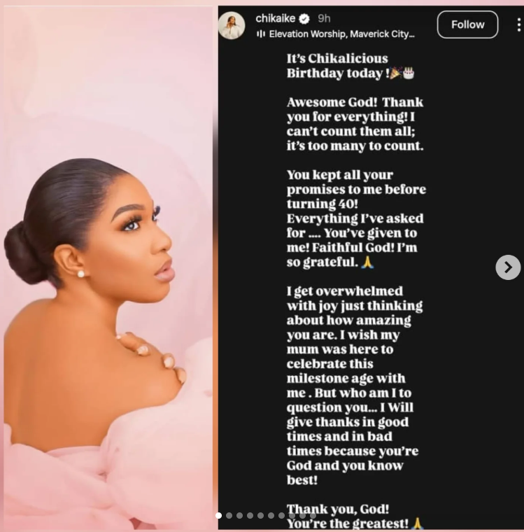 Actress Chika Ike celebrates 40th birthday, reflects on Gods faithfulness over the years, especially motherhood