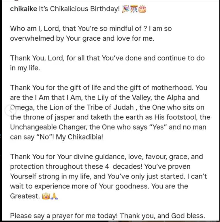 Actress Chika Ike celebrates 40th birthday, reflects on Gods faithfulness over the years, especially motherhood