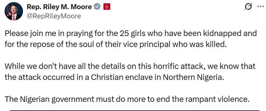Pray For Them  U.S. Lawmaker Reacts As 25 Girls Are Kidnapped In Northern Nigeria, Vice Principal Killed