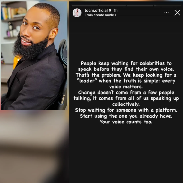 BBN star Tochi tells Nigerians to stop waiting for celebrities to lead the conversation