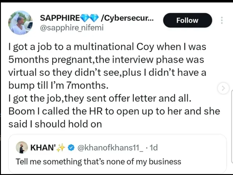 Lady shares how she lost a multinational job offer after revealing she was pregnant