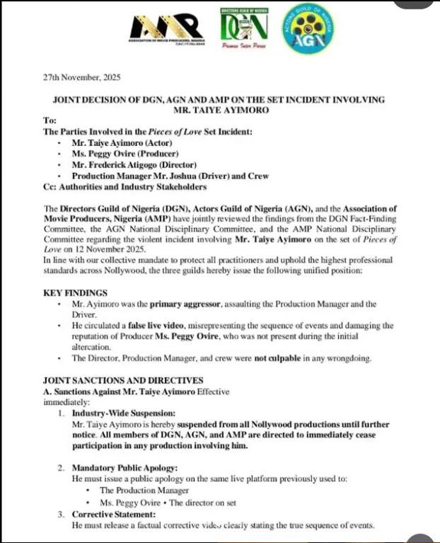 AGN president Emeka Rollas, DGN and AMP jointly suspend actor Taiye Arimoro over set altercation with actress Peggy Ovire