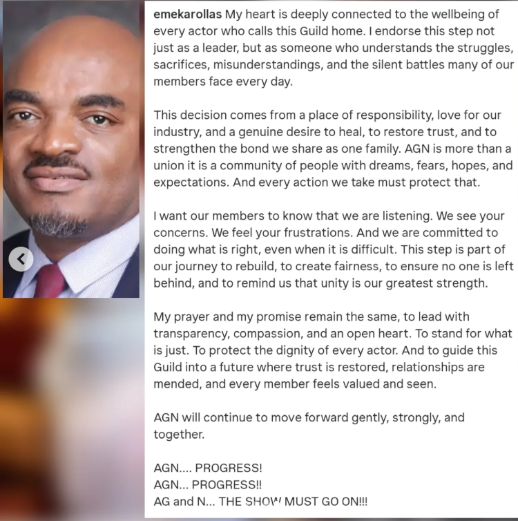 AGN president Emeka Rollas, DGN and AMP jointly suspend actor Taiye Arimoro over set altercation with actress Peggy Ovire