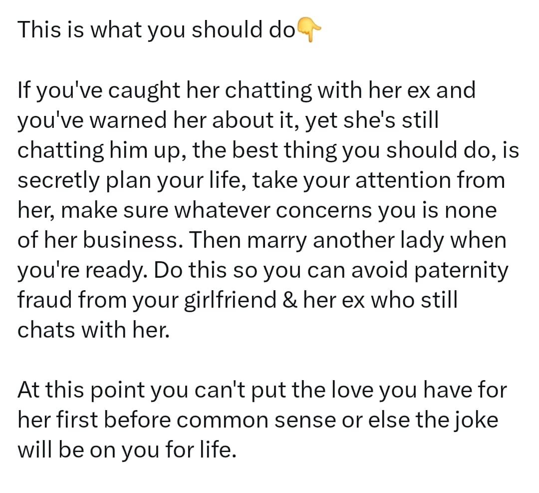 X user stirs debate after sharing controversial advice on girlfriends who still chat with their exes