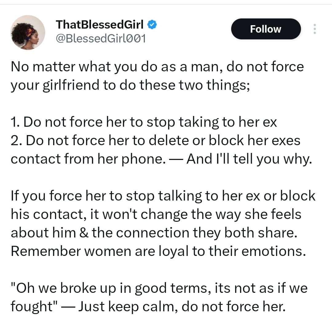 X user stirs debate after sharing controversial advice on girlfriends who still chat with their exes