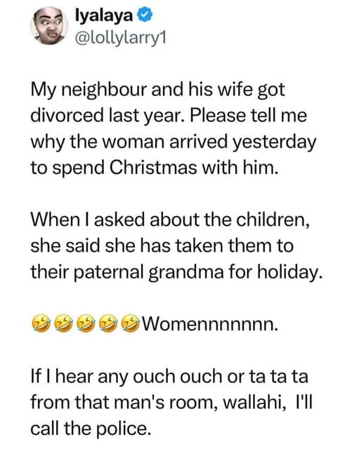 X user baffled as divorced couple reunite for Christmas jokes about calling police if sound effects start