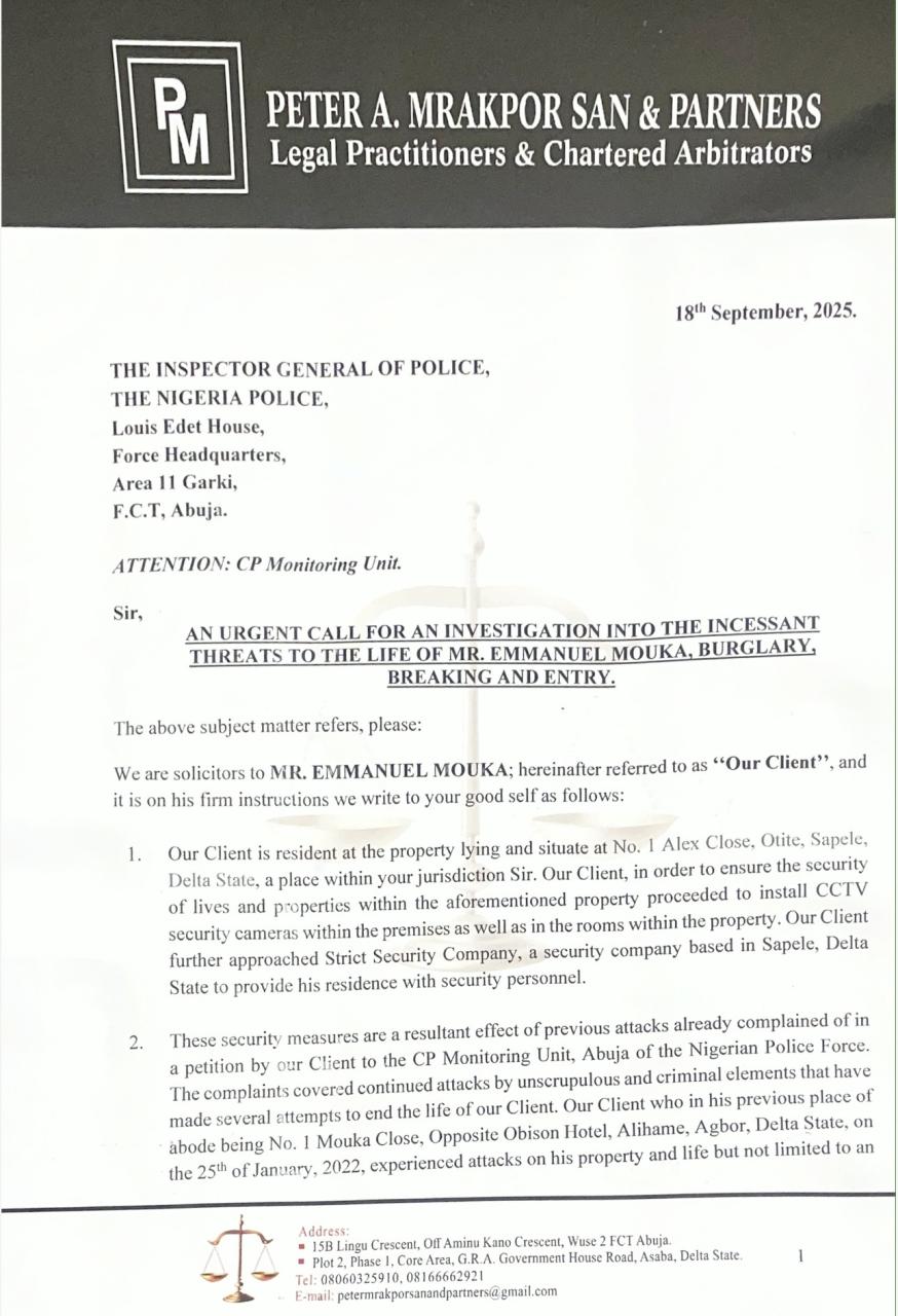 Urgent Call For An Investigation Into The Incessant Threats To The Life of Mr. Emmanuel Mouka, Burglary, Breaking and Entry