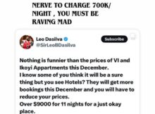 700k per night? You must be mad  BBNs Leo DaSilva and Nina blow hot over outrageous December apartment prices in Lagos