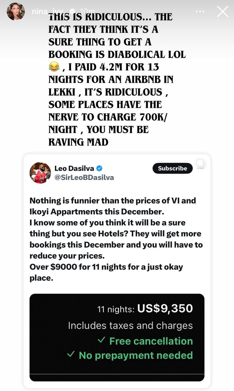 700k per night? You must be mad  BBNs Leo DaSilva and Nina blow hot over outrageous December apartment prices in Lagos