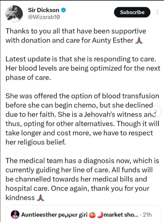 Popular personal shopper on X, Aunty Esther, who was reportedly diagnosed with cancer, refuses blood transfusion