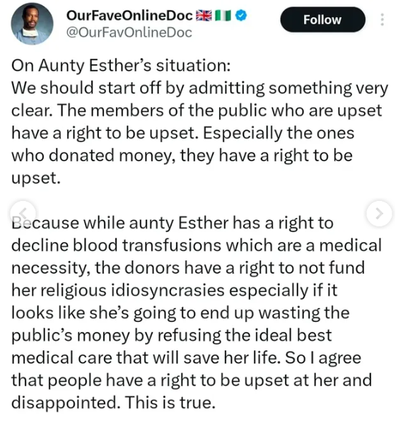 Popular personal shopper on X, Aunty Esther, who was reportedly diagnosed with cancer, refuses blood transfusion