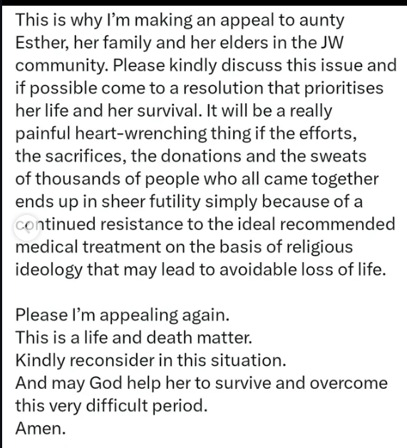 Popular personal shopper on X, Aunty Esther, who was reportedly diagnosed with cancer, refuses blood transfusion