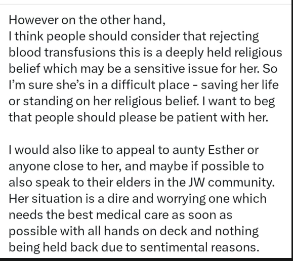 Popular personal shopper on X, Aunty Esther, who was reportedly diagnosed with cancer, refuses blood transfusion