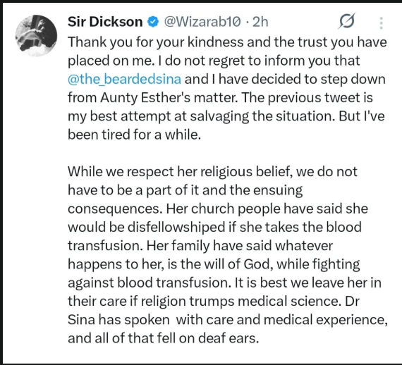 Popular personal shopper on X, Aunty Esther, who was reportedly diagnosed with cancer, refuses blood transfusion