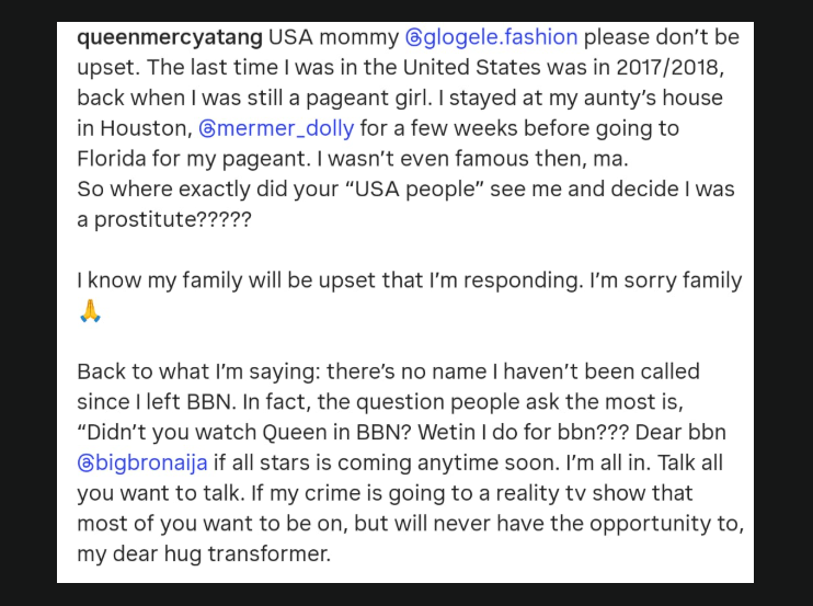 I wasnt even famous then so where did US people see me as a prostitute? BBNs Queen Mercy replies follower accusing her of ruining her marriage