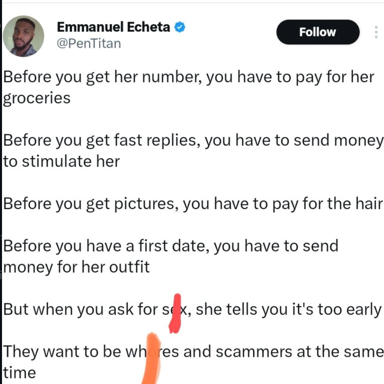 Man causes stir after claiming that women now charge men for everything nowadays