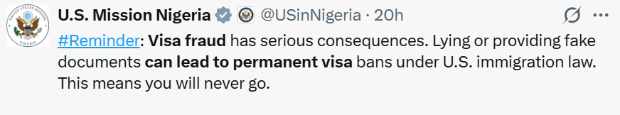 Visa fraud can lead to permanent ban - US embassy warns Nigerians
